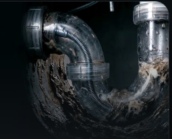 Drain cable clearing heavy buildup inside a sink trap and drain line