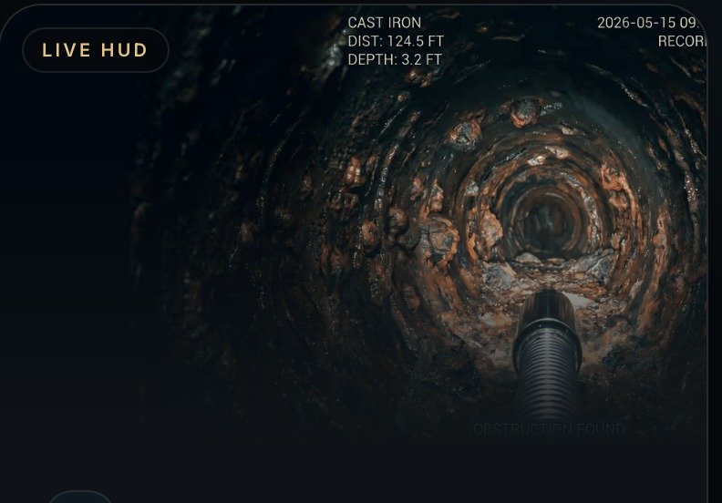HD sewer camera inspection showing pipe condition and obstruction depth