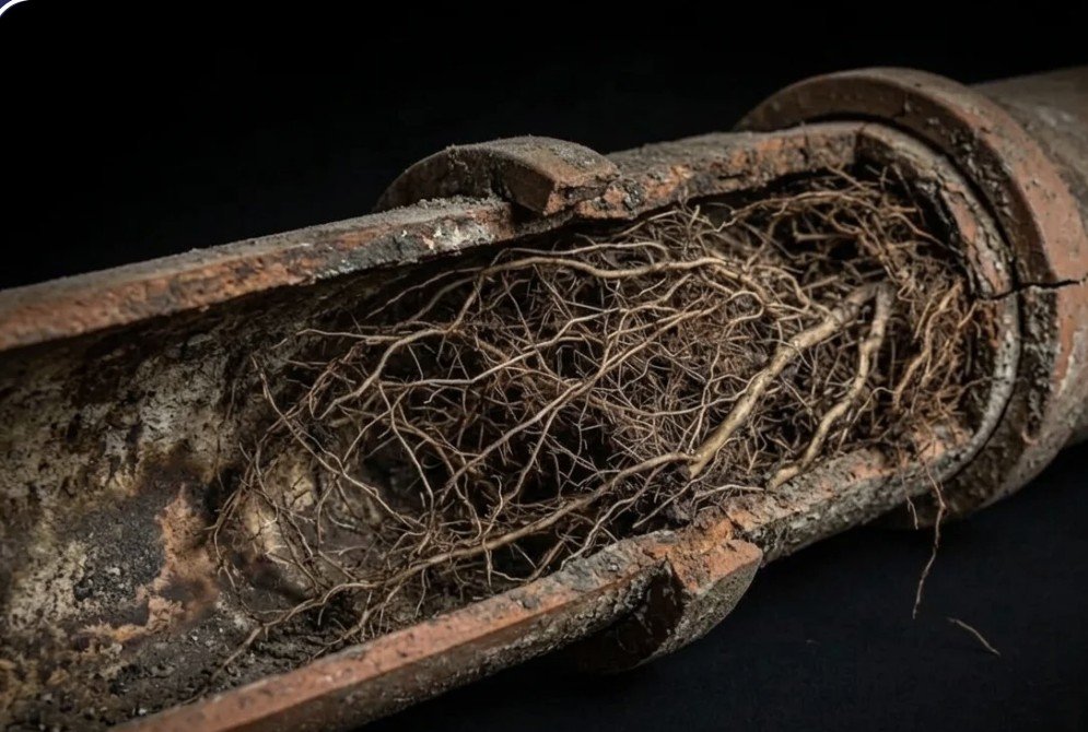 Tree roots clogging an old sewer pipe